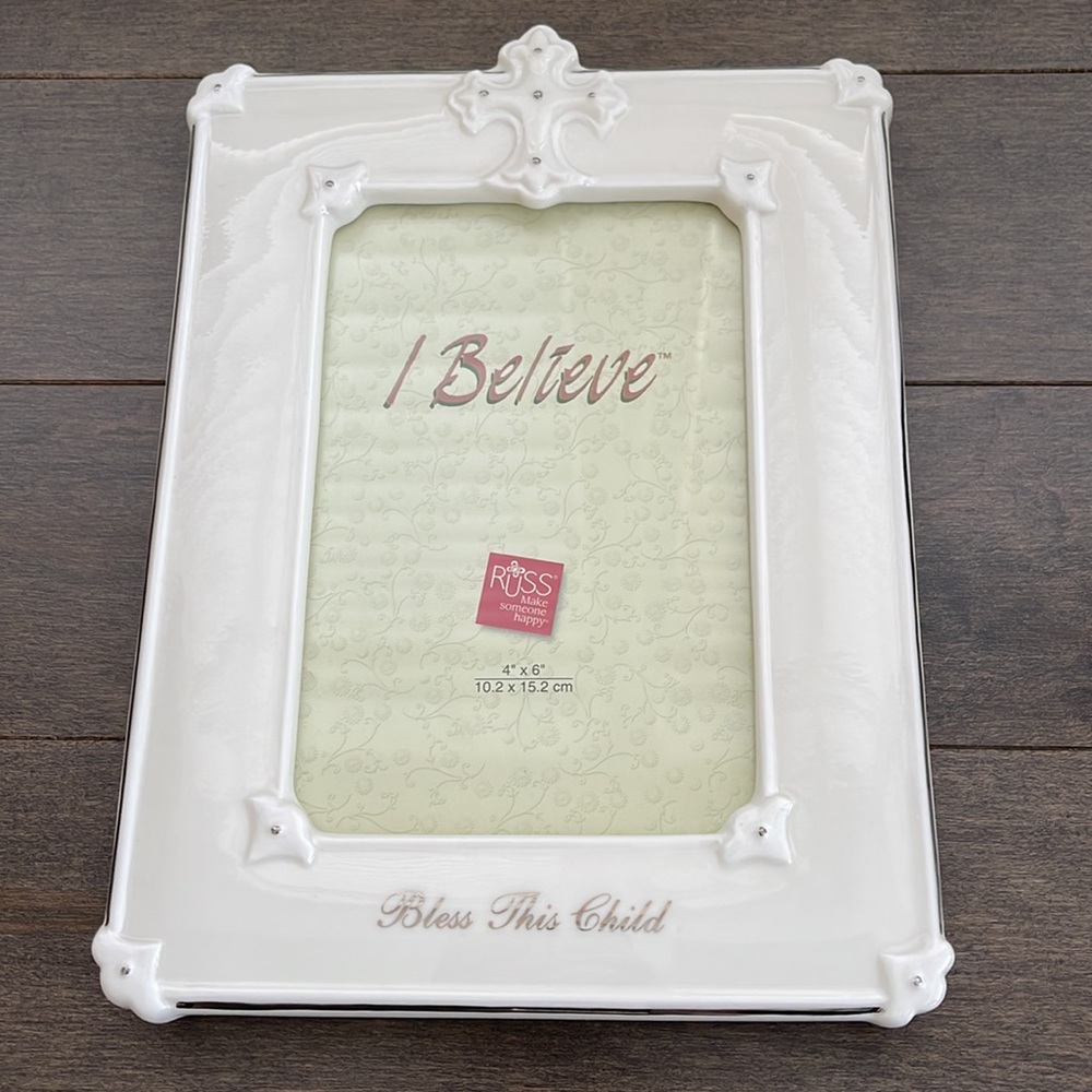 RUSS Bless This Child Picture Frame Ceramic Baptism Confirmation First Communion